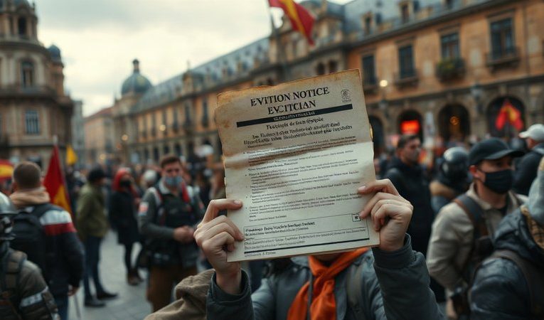 Уведомление о выселении в руках манифестанта на фоне многотысячного митинга на площади Пуэрта-дель-Соль в Мадриде