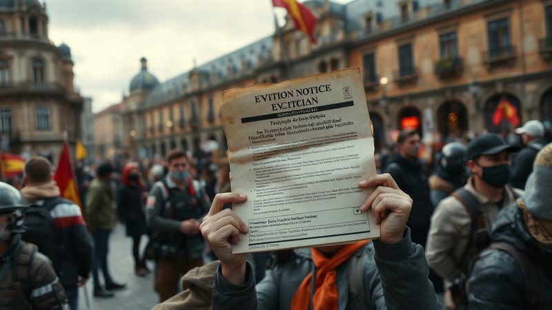 Уведомление о выселении в руках манифестанта на фоне многотысячного митинга на площади Пуэрта-дель-Соль в Мадриде