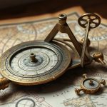 Старинная медная астролябия и песочный квадрант лежат на старой старинной карте
