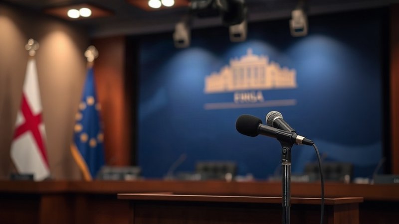 Микрофонная стойка на трибуне для прессы в зале официальных брифингов европейских представителей.