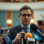 Выступление представителя городских властей перед микрофонами на пресс-конференции в ратуше