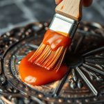 Густая красная томатная паста наносится мягкой кистью на потемневший медный подсвечник.