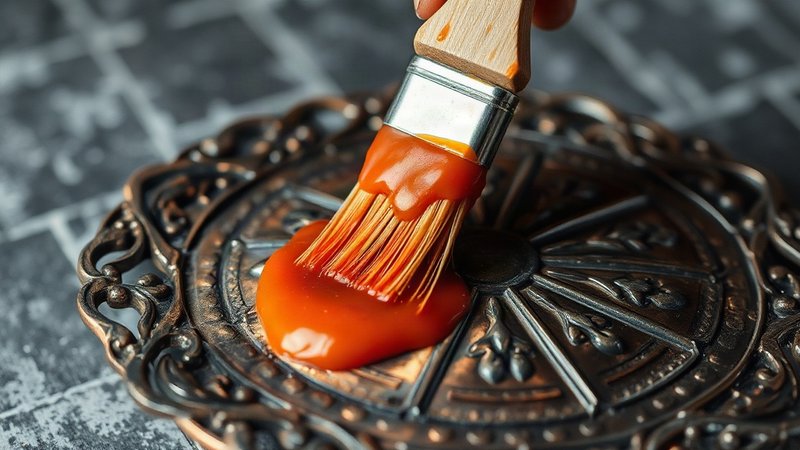 Густая красная томатная паста наносится мягкой кистью на потемневший медный подсвечник.