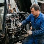 Диагностика и осмотр гидравлического распределителя трактора на ремонтной площадке.